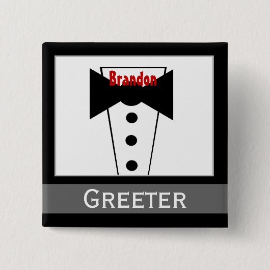 Greeter - individueller Nametux-Hochzeits-Knopf Button (Vorderseite)