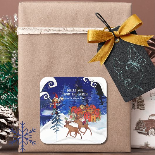 Greeting from the North Moose Village Quadratischer Aufkleber