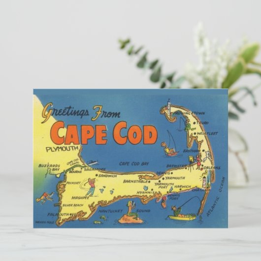 Greetings From Cape Cod 5x7 Map Postcard Dankeskarte (Stehend Vorderseite)