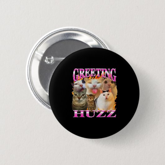 Greetings Huzz Funny Cat Meme Bootleg Graphic Men  Button (Vorne & Hinten)