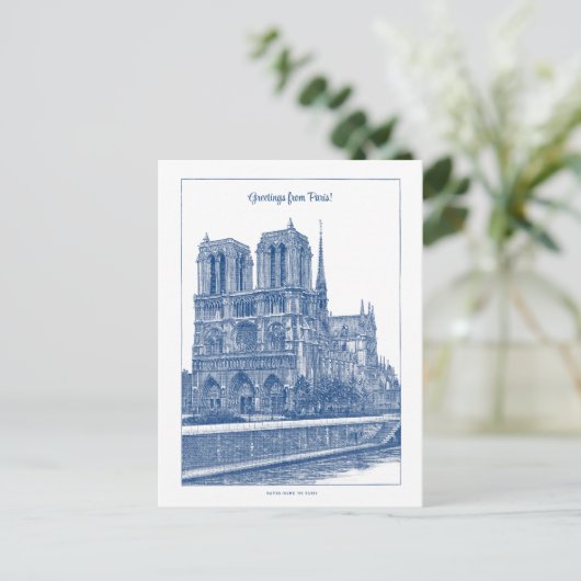 Greetins from Paris Elegante Blue Retro Notre Dame Postkarte (Stehend Vorderseite)