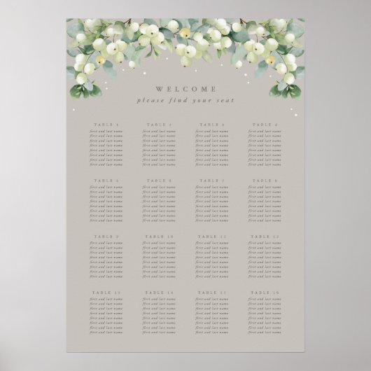Greige 20x28" 16 Tische von 8 Seating Chart Poster (Vorne)