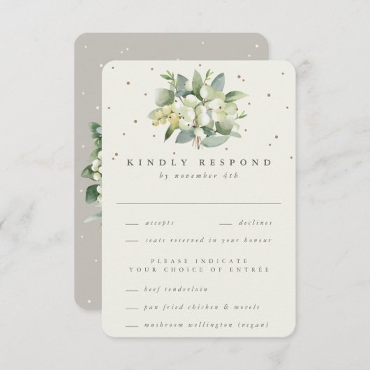 Greige/Cream Snowberry+Eucalyptus Bouquet Wedding RSVP Karte (Vorne/Hinten)