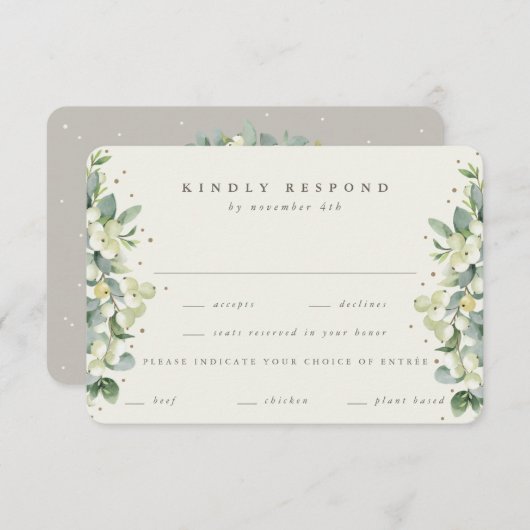 Greige/Cream Snowberry+Eucalyptus Ewedding RSVP Karte (Vorne/Hinten)