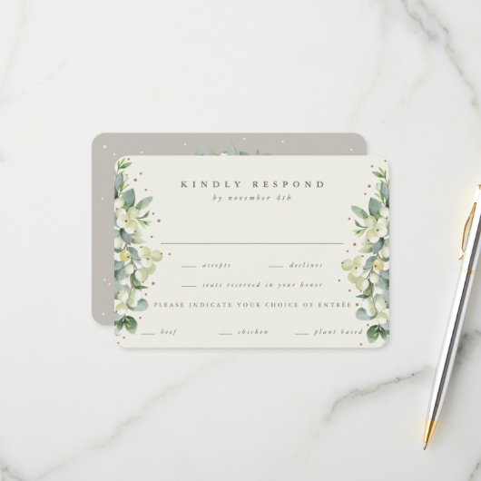 Greige/Cream Snowberry+Eucalyptus Ewedding RSVP Karte (Vorderseite/Rückseite Beispiel)
