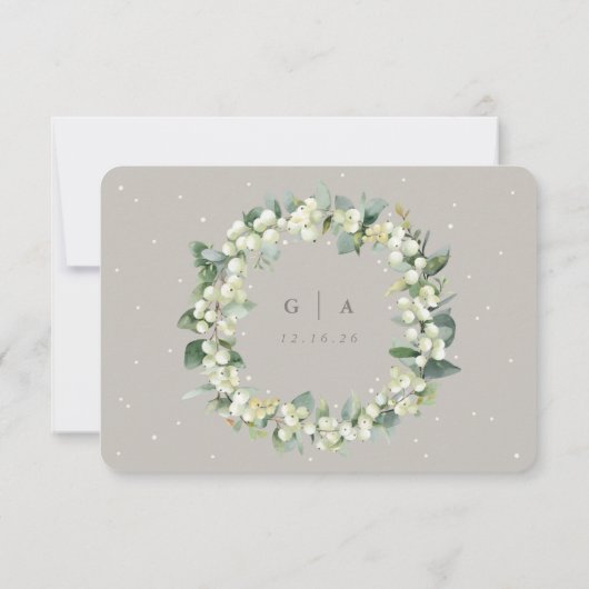 Greige/Cream Snowberry+Eucalyptus Garland Wedding RSVP Karte (Rückseite)