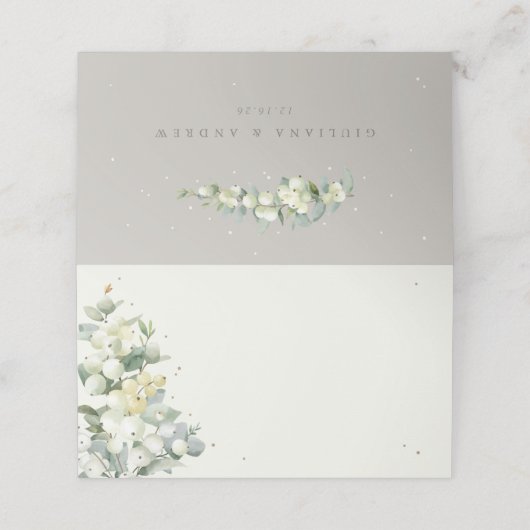 Greige/Cream Snowberry+Eucalyptus Winter Wedding Platzkarte (Außenseite Aufgefaltet)