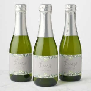 Greige Schneebeere+Eucalyptus Junggesellinnenabsch Schaumweinetikett
