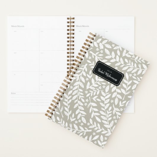 Greige Sketched Floral Leaf Jahr und Name Planner Planer (Anzeige)