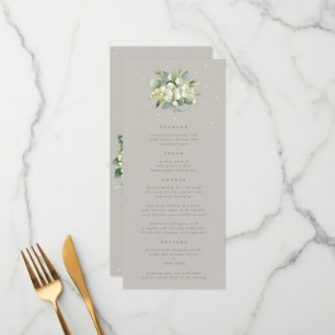Greige Snowberry+Eucalyptus 4 Course Wedding Flat Menükarte