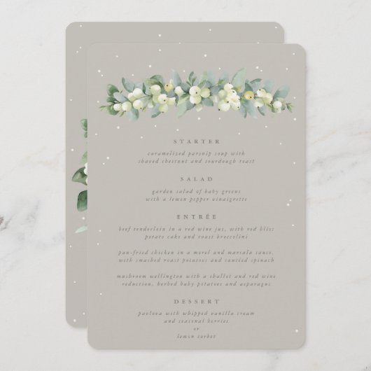 Greige Snowberry+Eucalyptus 4 Course Wedding Menükarte (Vorne/Hinten)