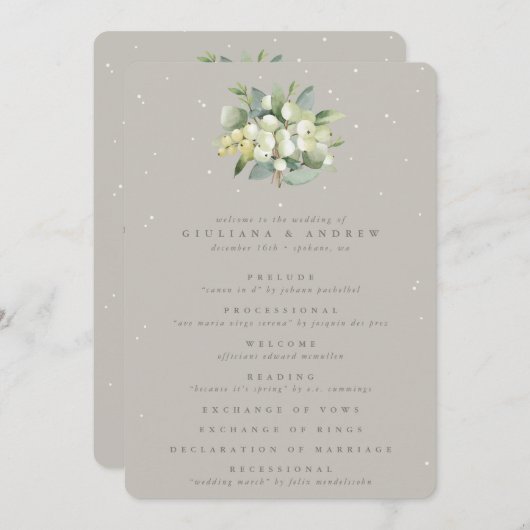 Greige Snowberry+Eucalyptus Bouquet Winter Wedding Programm (Vorne/Hinten)