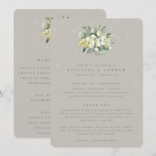 Greige Snowberry+Eucalyptus Bouquet Winter Wedding Programm (Vorne/Hinten)