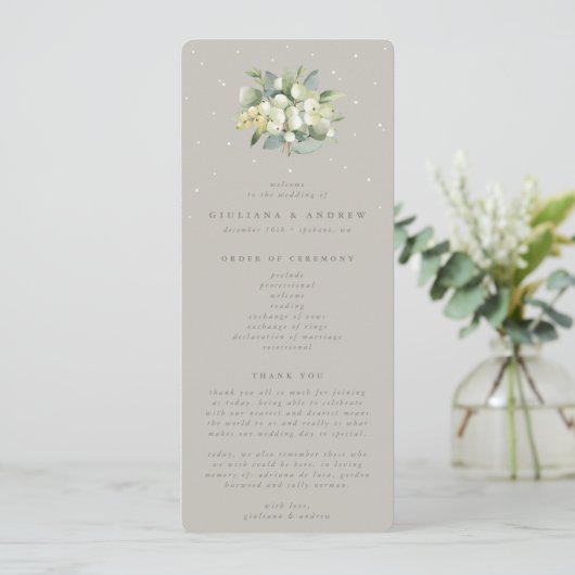 Greige Snowberry+Eucalyptus Bouquet Winter Wedding Programm (Stehend Vorderseite)