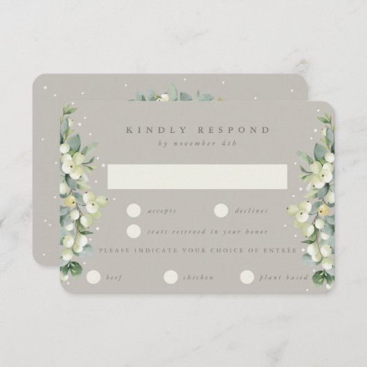 Greige Snowberry+Eucalyptus EATD Winter Wedding RSVP Karte (Vorne/Hinten)