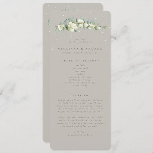 Greige Snowberry+Eucalyptus Stem Winter Wedding Programm (Vorne/Hinten)