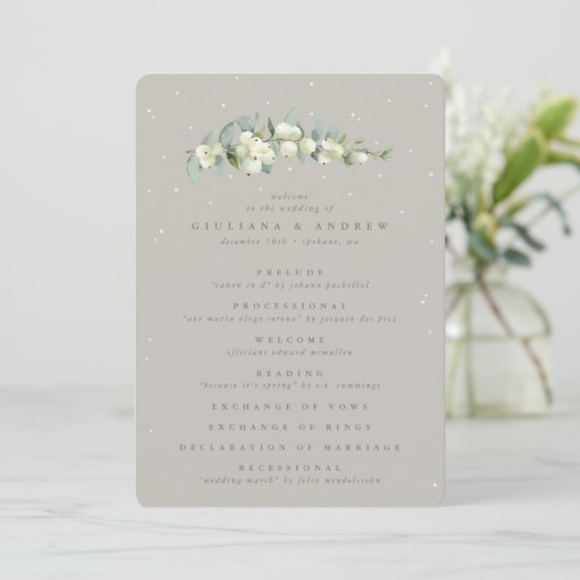 Greige Snowberry+Eucalyptus Stem Winter Wedding Programm (Stehend Vorderseite)
