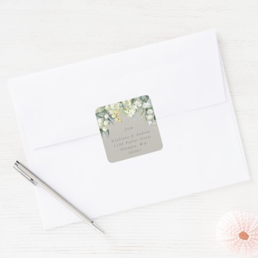 Greige Snowberry+Eucalyptus Wedding Address Quadratischer Aufkleber (Umschlag)