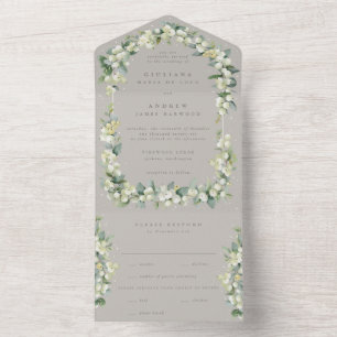 Greige Snowberry+Eucalyptus Wedding All In One Einladung