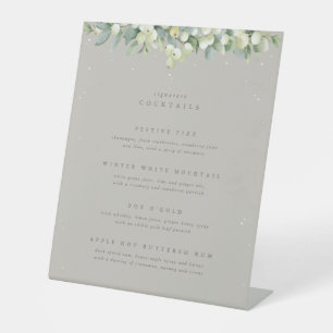 Greige Snowberry+Eucalyptus Wedding Drinks Menü Sockelschild