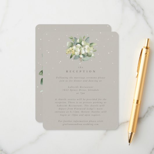 Greige Snowberry+Eucalyptus Wedding Empfang Begleitkarte (Vorderseite/Rückseite Beispiel)