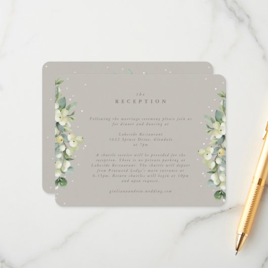 Greige Snowberry+Eucalyptus Wedding Empfang Begleitkarte (Vorderseite/Rückseite Beispiel)