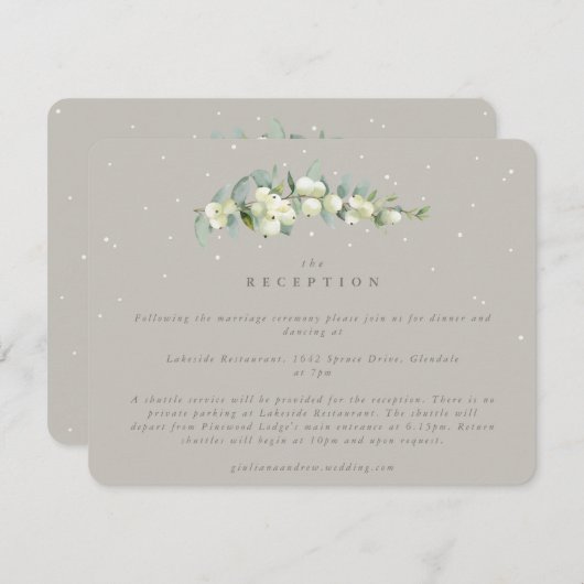 Greige Snowberry+Eucalyptus Wedding Empfang Begleitkarte (Vorne/Hinten)