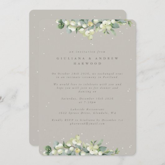Greige Snowberry+Eucalyptus Wedding Empfang Einladung (Vorne/Hinten)