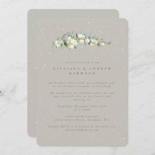 Greige Snowberry+Eucalyptus Wedding Empfang Einladung (Vorne/Hinten)