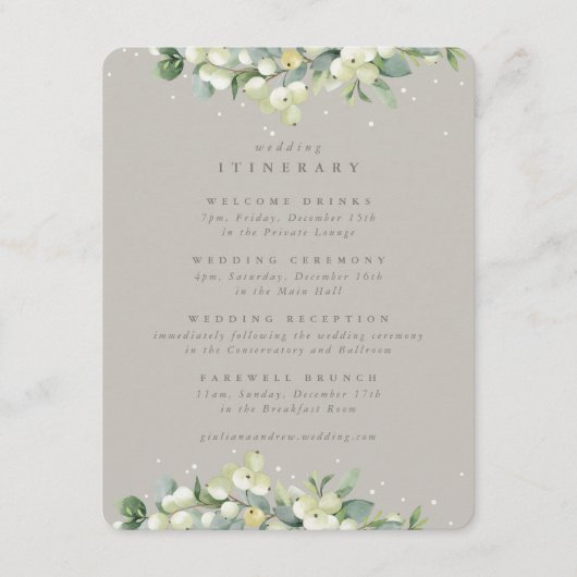 Greige Snowberry+Eucalyptus Wedding Itinerary Begleitkarte (Vorderseite)