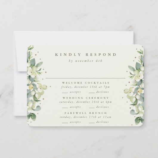 Greige Snowberry+Eucalyptus Wedding Multi-Event RSVP Karte (Vorderseite)