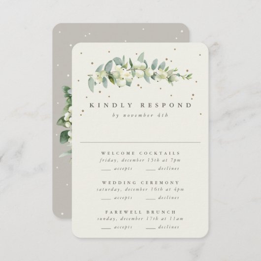 Greige Snowberry+Eucalyptus Wedding Multi-Event RSVP Karte (Vorne/Hinten)