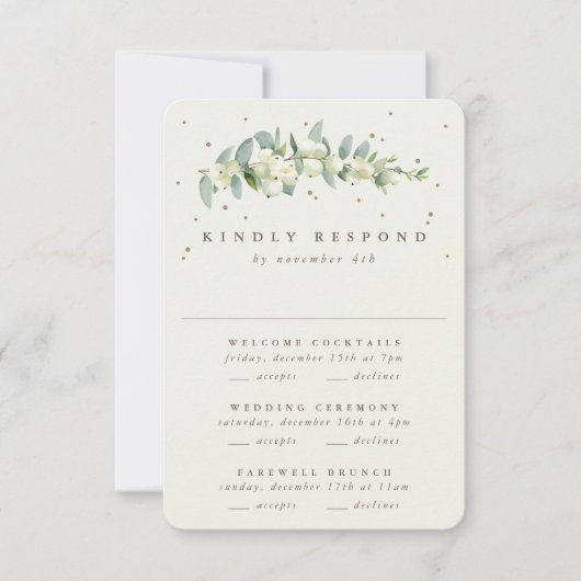 Greige Snowberry+Eucalyptus Wedding Multi-Event RSVP Karte (Vorderseite)
