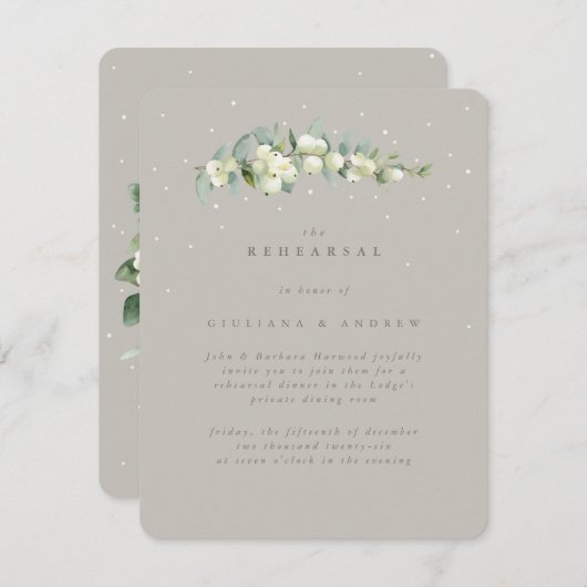 Greige Snowberry+Eucalyptus Wedding Probe Begleitkarte (Vorne/Hinten)