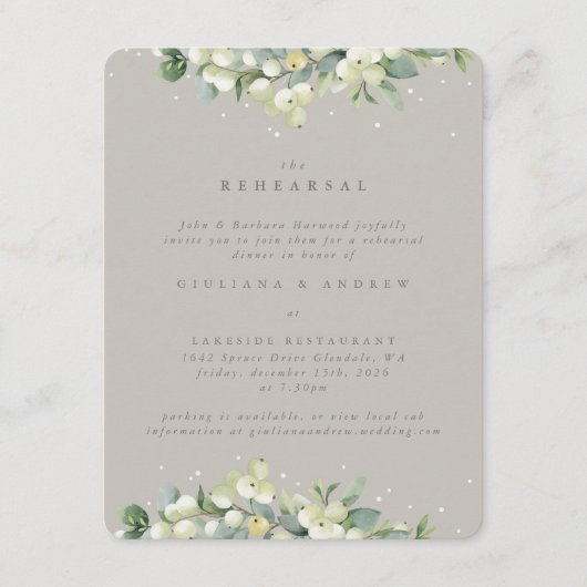 Greige Snowberry+Eucalyptus Wedding Probe Begleitkarte (Vorderseite)
