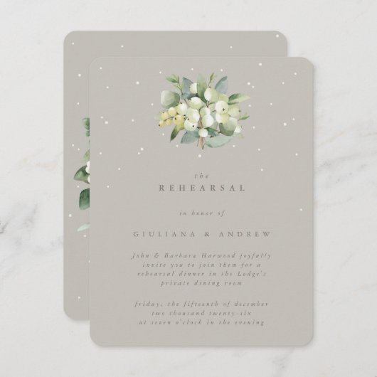 Greige Snowberry+Eucalyptus Wedding Probe Begleitkarte (Vorne/Hinten)