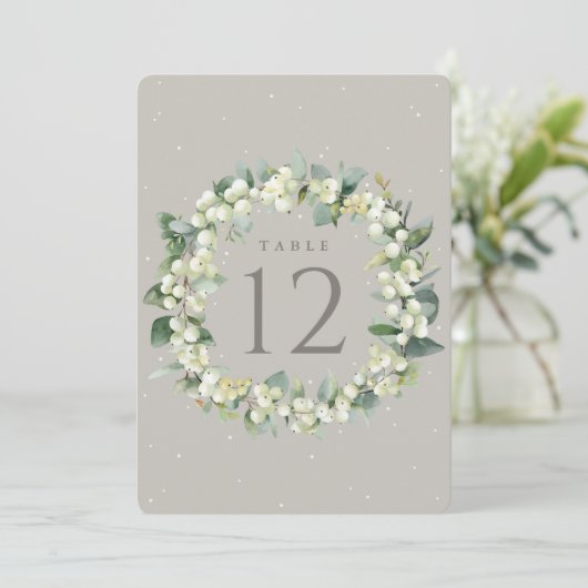 Greige Snowberry+Eucalyptus Wedding Tischnummer (Stehend Vorderseite)