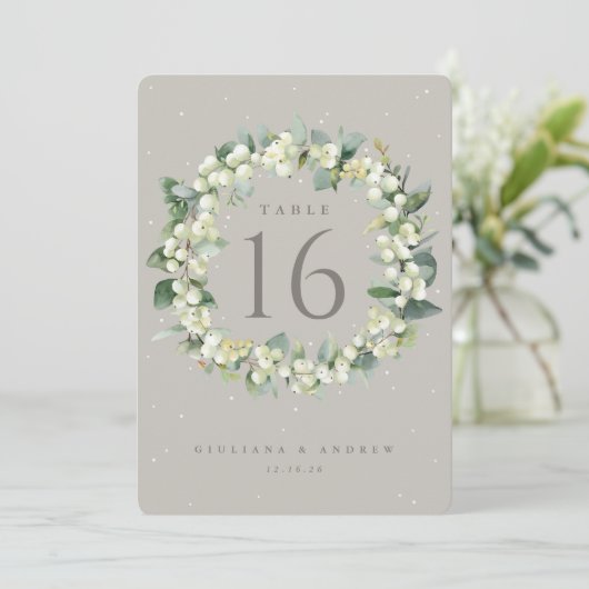 Greige Snowberry+Eucalyptus Wedding Tischnummer (Stehend Vorderseite)