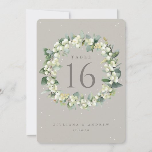 Greige Snowberry+Eucalyptus Wedding Tischnummer (Vorderseite)