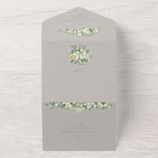 Greige Snowberry+Eucalyptus Winter Wedding All In One Einladung (Außenbereich)