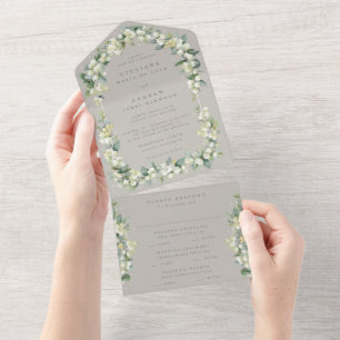 Greige Snowberry+Eucalyptus Winter Wedding All In One Einladung