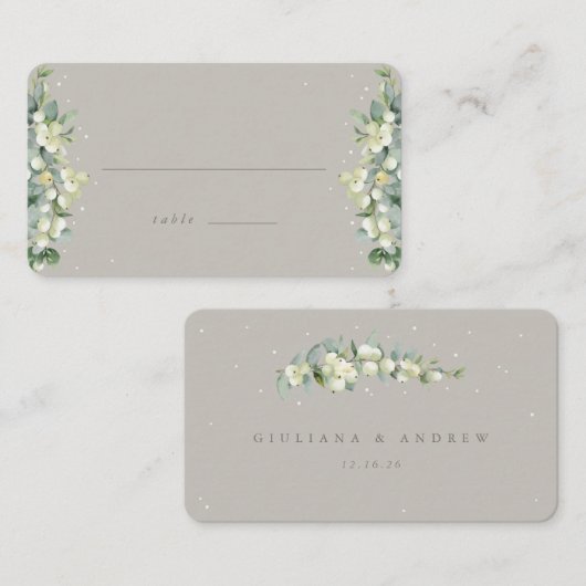 Greige Snowberry+Eucalyptus Winter Wedding Flat Platzkarte (Vorne/Hinten)