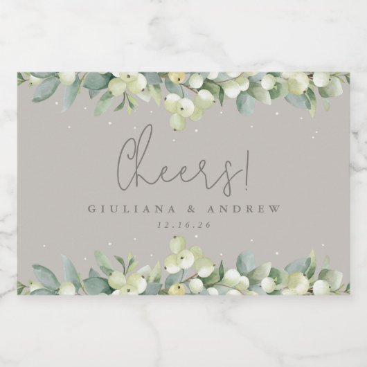 Greige Snowberry+Eucalyptus Winter Wedding Mini Schaumweinetikett (Einzelnes Label)