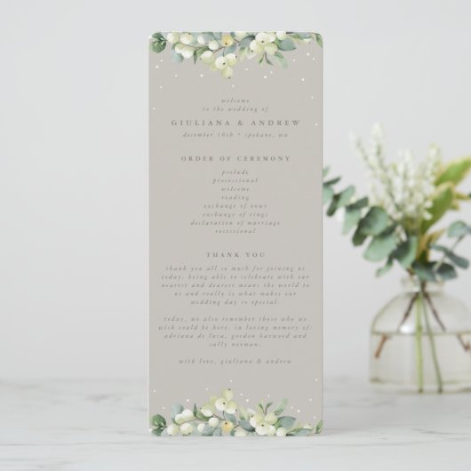 Greige Snowberry+Eucalyptus Winter Wedding Programm (Stehend Vorderseite)