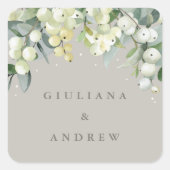 Greige Snowberry+Eucalyptus Winter Wedding Quadratischer Aufkleber (Vorderseite)