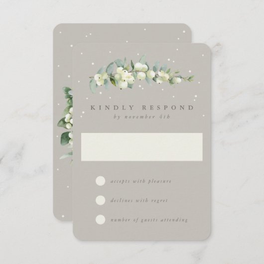 Greige Snowberry+Eucalyptus Winter Wedding RSVP Karte (Vorne/Hinten)