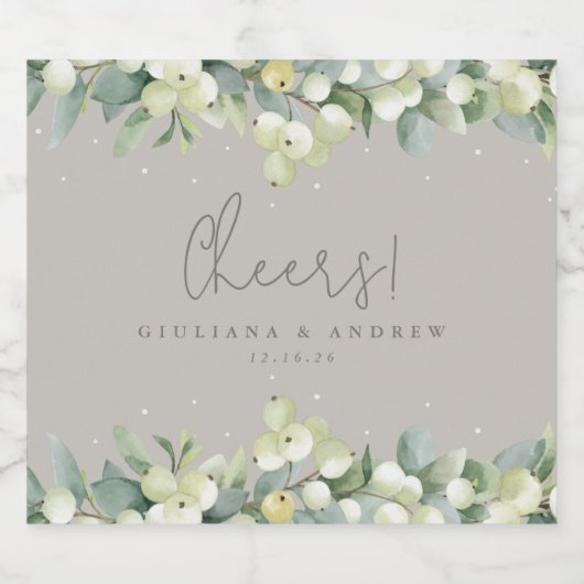Greige Snowberry+Eucalyptus Winter Wedding Schaumweinetikett (Einzelnes Label)