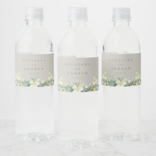 Greige Snowberry+Eucalyptus Winter Wedding Wasserflaschenetikett (Flaschen)