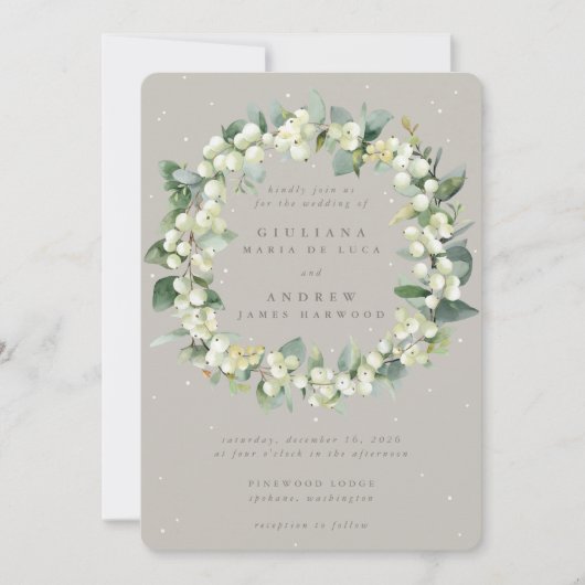 Greige Snowberry+Eucalyptus Wreath Winter Wedding Einladung (Vorderseite)