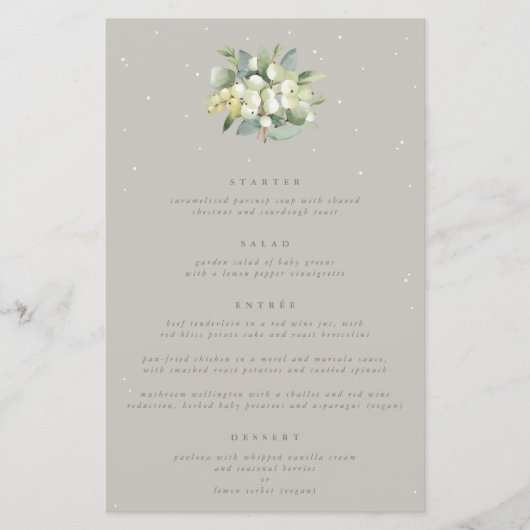 Greige Snowberry+Eukalyptus 4 Course Wedding Menu (Vorderseite)